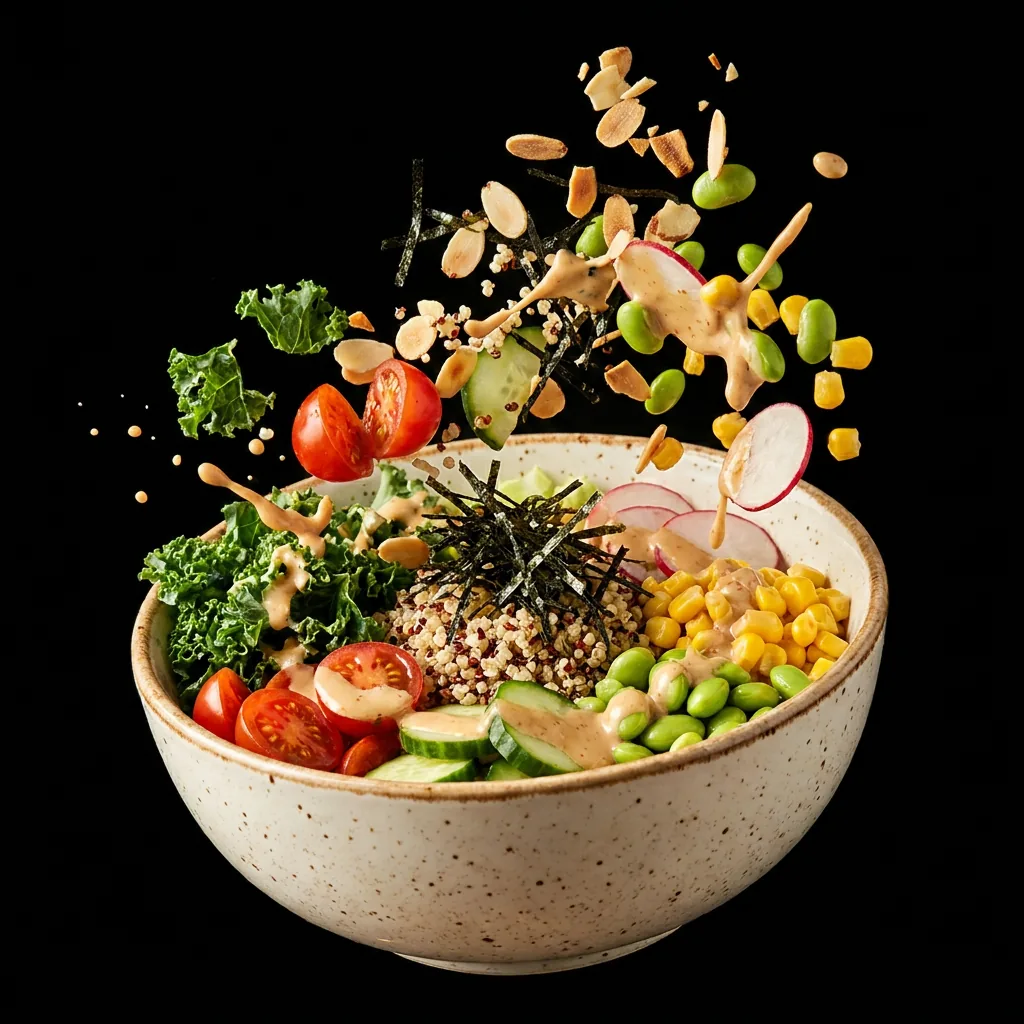 Tô poke kOBE, nguyên liệu tươi trên nền đen