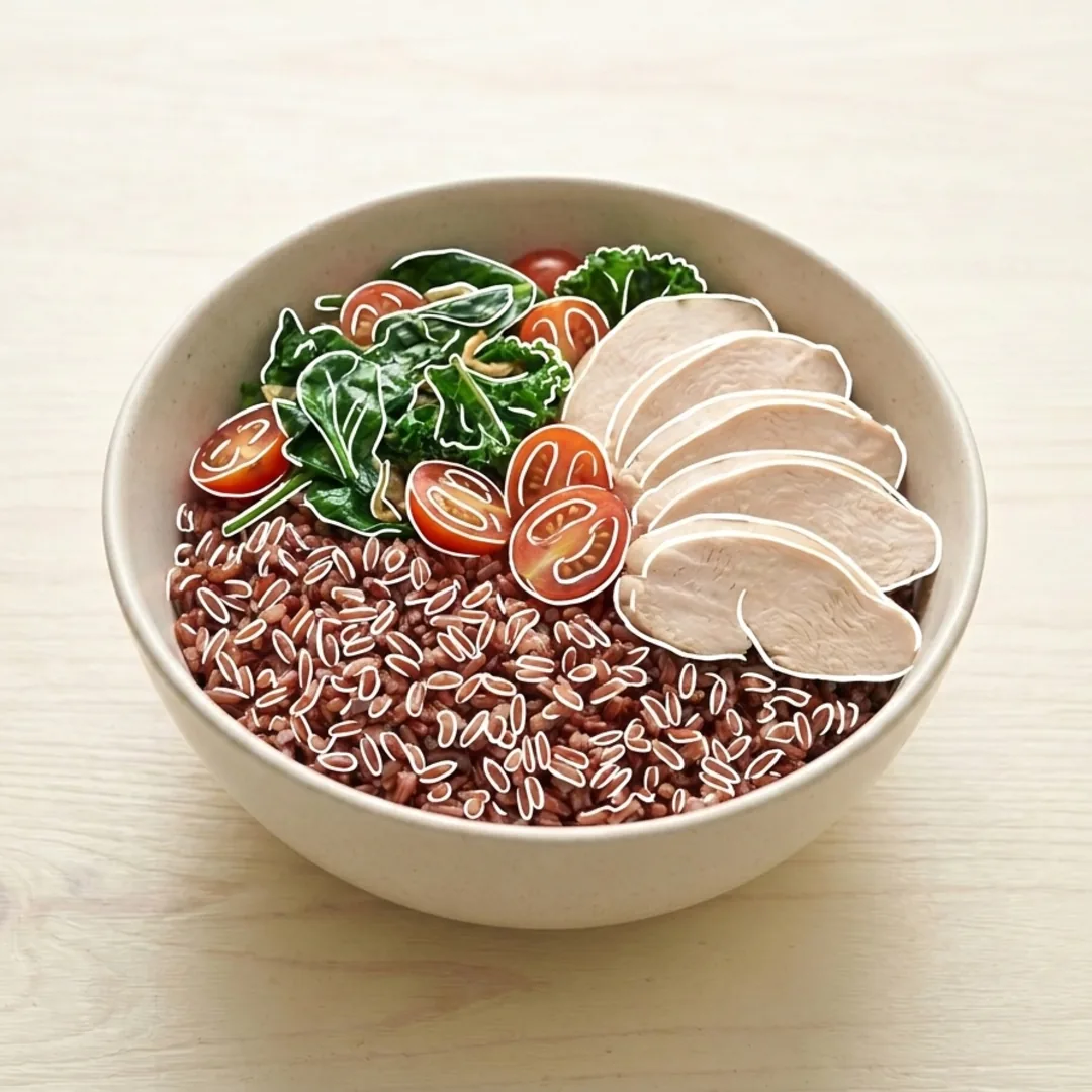 Bowl cơm gạo lứt với ức gà và rau